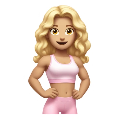 Woman, white skin, pale skin, long hair, blonde hair, wavy hair, baby pink sports bra, baby pink leggings, flexing one arm up sticker