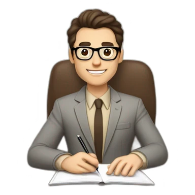 Pale skinned Fit Man With dark brown hair in gray jacket, beige office shirt, Brown pants and vintage glasses sitting In a soft chair with a notebook on spring with emblem Ψ and a pen sticker