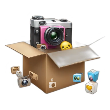 Video Camera, Instagram YouTube icons fly out from the Cardboard box sticker