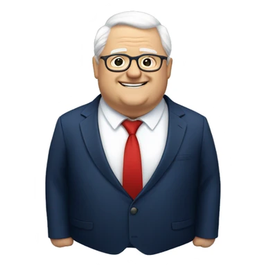 A fat older man, white hair, with glasses, no beard, smiling with teeth, and wearing a navy blue suit and red tie sticker