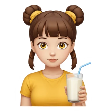 beautiful girl with brown hair with twin buns style, straight bangs, yellow eyes, milk brown tshirt, white skin, her body is a little fat  sticker