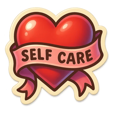heart wrapped in a soft ribbon, symbol of self-care, retro sticker style, clear contours, shadows and highlights, psychosomatic theme sticker