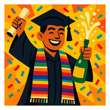Mexican graduate in traditional graduation attire, confetti all around, champagne bottle bursting, energetic and festive mood sticker