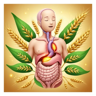 Human digestive system with esophagus, stomach, intestines, and colon highlighted, surrounded by golden wheat ears and green leaves, with glowing healing particles flowing through the digestive tract, creating a purifying effect sticker