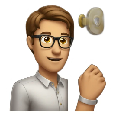 brown-short-haired classy man wearing glasses, struggling to fit a key into a wooden door-lock sticker