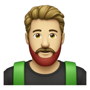 Homme avec barbe coûte et une calvitie  noir très cours avec un t-shirt rouge et un rectangle jaune et vert dessus sticker