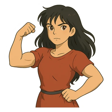ghibli style strong girl with brown eyes, long slightly wavy black hair sticker
