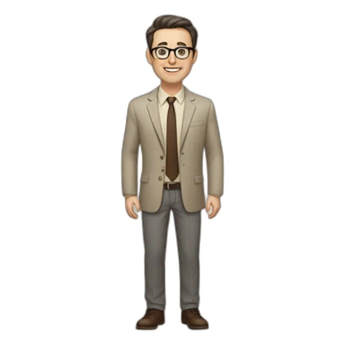 Full height Actively gesturing with hands Pale skinned fit man with dark brown hair in gray jacket, beige office shirt, brown tie, brown pants and vintage glasses. sticker