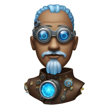 Brown shaved male cyborg head with blue beard, silver steampunk monocle goggles and circuits sticker