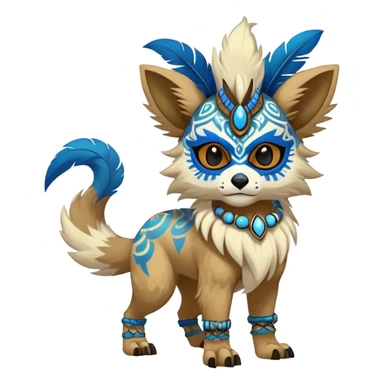 Furry cute colorful exotic tribal feral anime-styled Fakémon-Pokémon-animal-creature with a skull mask, and a feather-mane-collar, and blue feathers, with long furry ears, long furry tail, 4 legs, (full body), with intricate pattern-markings sticker