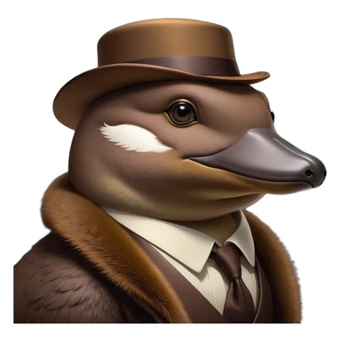 Cinematic Noble Platypus Portrait Emoji, Poised and regal, with a uniquely streamlined build and a sleek, well-groomed brown fur, a distinctive flat duckbill and broad, beaver-like tail, deep-set soulful eyes full of wonder, Simplified yet sharp and sophisticated features, highly detailed, glowing with a soft, dignified glow, high shine, intelligent and enigmatic, stylized with an air of aquatic curiosity, focused and attentive, soft glowing outline, capturing the essence of a watchful and confident oddity, so majestic it feels as though it could glide out of the screen with effortless authority! sticker