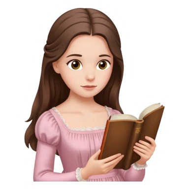  white long brunette hair girl with hazel eyes in light pink reading Pride and Prejudice sticker