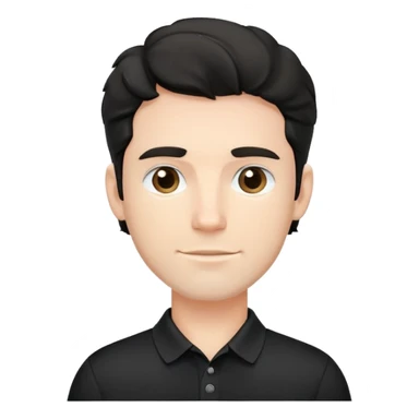 Caucasian male with wavy black hair in a comfortable black polo shirt with collar sticker