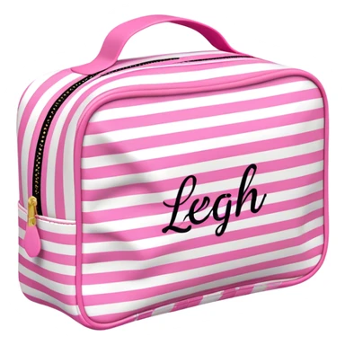 Pink and white striped toiletry bag with the text "Leigh" on it in pink cursive letters sticker