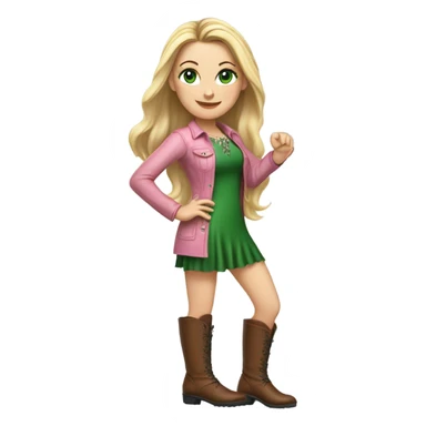 Realistic White girl with Long straight blonde hair, green eyes, tattoos, full body wearing pink dress and Brown knee-high leather boots, dancing sticker