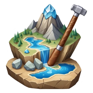 An icon featuring a rock hammer, a fossil, and a geological map, symbolizing geology. The design includes layers of the Earth, a crystal, and a mountain range, representing the study of Earth's structure, materials, and natural processes. Transparent background highlights geological research sticker