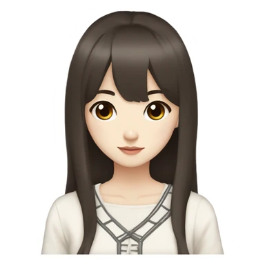 Asian girl dark brown long hair hime cut bangs brown eyes cute appearance pale skin long hair white laced top  sticker