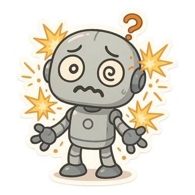 malfunctioning robot, sparks flying, confused face, funny, cartoon style sticker