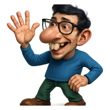 Make this character look like a nerd with an even bigger nose, buck teeth, glasses, and more realistic features. Keep the hand visible. Style should be semi-realistic, nerdy, expressive, with no background. sticker