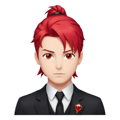 Handsome gorgeous anime man with bright-red hair, thick long ponytail, red eyes, black tie with a red gem, white shirt, black jacket, stone face sticker