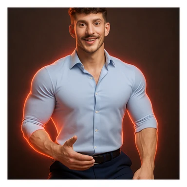 Realistic man seen from the front, inspired by the face in the provided photo. Athletic and muscular body with well-developed shoulders and legs, highlighted by a glowing red halo around these areas. Realistic style with a positive and motivational atmosphere. sticker