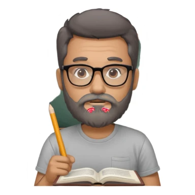 A man with a large gray beard, dark hair, wearing a t-shirt and glasses, studying. sticker