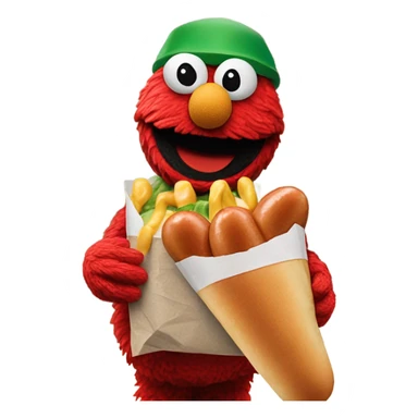 Photorealistic Elmo at 7/11 buying a hot dog sticker