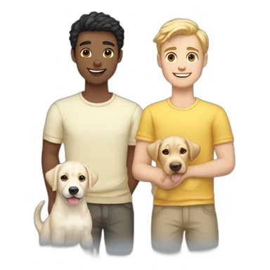 gay-couple,-1-guy white straight blackhair australian-and-1-australian-white-guy-with-blackhair-slightly-curly-holding one light yellow labrador retriever puppy one labrador retriever puppy sticker