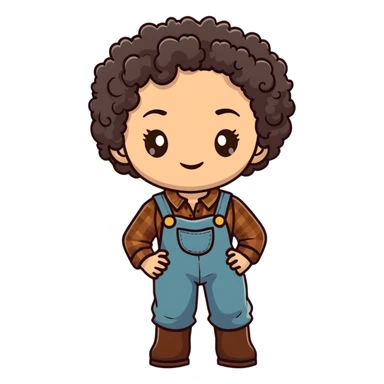 white girl with very curly dark brown hair, brown eyes, wearing farm clothes sticker