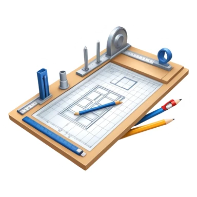Sleek icon for Architecture: engineer's drawing board with blueprints 3D model of building,  pencil, architect's rulers and protractor. Transparent background. sticker