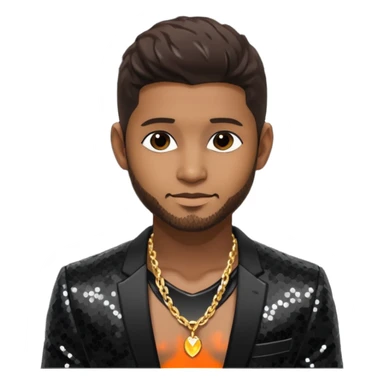 Usher with dark brown hair, black sequin suit jacket, shirtless with necklace sticker