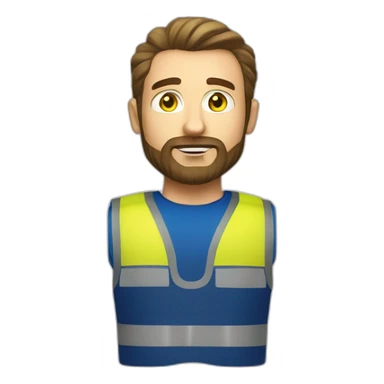 Ikea manager blue eyes beard with laptop and yellow security vest sticker