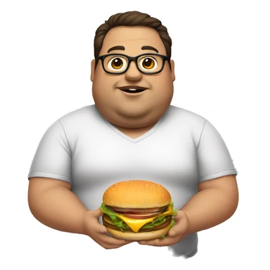 fat man, wearing eyeglasses, eating a burger, dark brown hair sticker