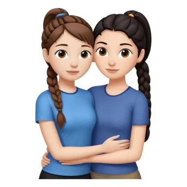 Comforting Hug two white skin women, one shorter woman with brown hair in simple top ponytail, not braided, and one taller woman with black hair in long side braid sticker