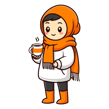 orange wearing an scarf and having one cup of tea in his hand. his vibe is so chill sticker