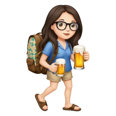 A beautiful brunette with long hair in slippers, glasses, patterned arms, a baggy backpack, and a beer in one hand sticker