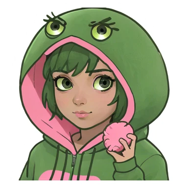 Green eyed ginger girl wearing a pink palm puff hoodie sticker