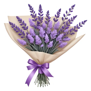 A delicate hand-tied lavender bouquet, featuring wisps of pale lilac and deep amethyst sprigs, is wrapped in parchment paper secured with a dusty plum ribbon. The gentle contrast of fresh and dried stems creates a soft, ethereal look, while the faint scent of lavender lingers like a nostalgic embrace from a bygone era.
 sticker