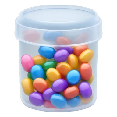 Small translucent plastic container with colorful pills inside sticker