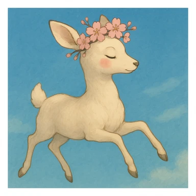 Create a variation of a feminine adult vanilla cloud doe with rosy cheeks and cherry flowers, floating gracefully, in Ghibli style. This is for brand identity and social media use. sticker