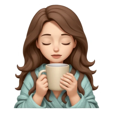 emoji-style illustration of a pretty relaxed woman with long wavy brown hair, wrapped in a cozy beige blanket, holding a mug cup, eyes closed, sad and a bit anxious expression, soft 3D cartoon rendering, warm and comforting mood, plain background
 sticker