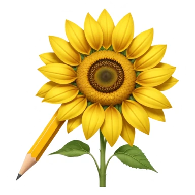A hyper-realistic object that is half sunflower and half wooden pencil, merging seamlessly at the midpoint. Bright yellow petals, natural textures, detailed graphite tip, soft studio lighting, high-resolution. sticker