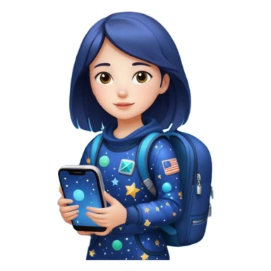 girl dressed in starry space-print outfit, carrying a space-print backpack and phone sticker