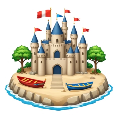 A huge island with trees boats and sand in the middle there is a huge beautiful castle sticker