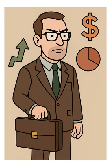 cartoon style male financial expert, serious, wearing glasses, suit, carrying briefcase sticker