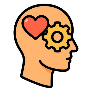 Vector illustration of a human head icon in profile view, with a heart or gears inside the head symbolizing emotional intelligence or cognitive processing. Clean and sharp lines, with subtle realistic shadows and glossy highlights for depth. Flat yet modern vector style. Transparent background sticker