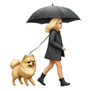 Blonde girl walking pomeranian under the rain sticker
