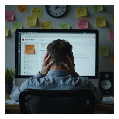 Obese man sitting in front of a computer, head in hands, surrounded by confused post-it notes and screen with errors, clock showing passing time, realistic atmosphere, hyperrealistic 4K details, clear signs of cognitive slowdown. sticker