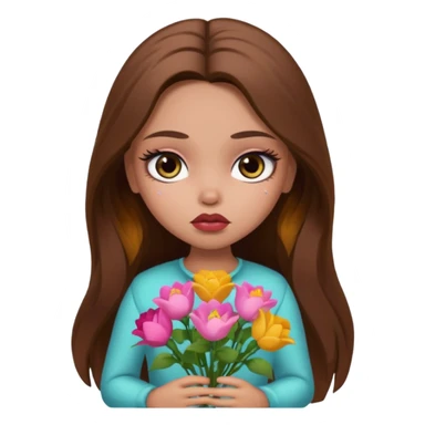 sad pretty bratz baddie, long brown hair holding flowers sticker