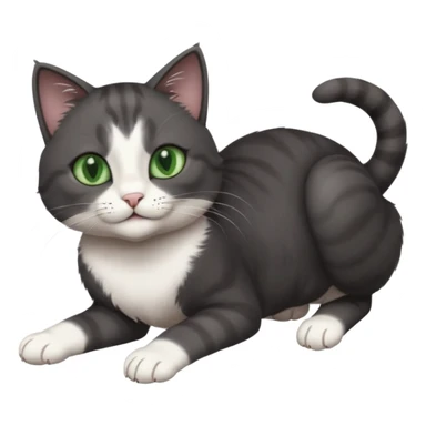 beautiful female solid dark grey cat with green eyes, white toes/paws and white patch on her chest playfully rolling upside down sticker